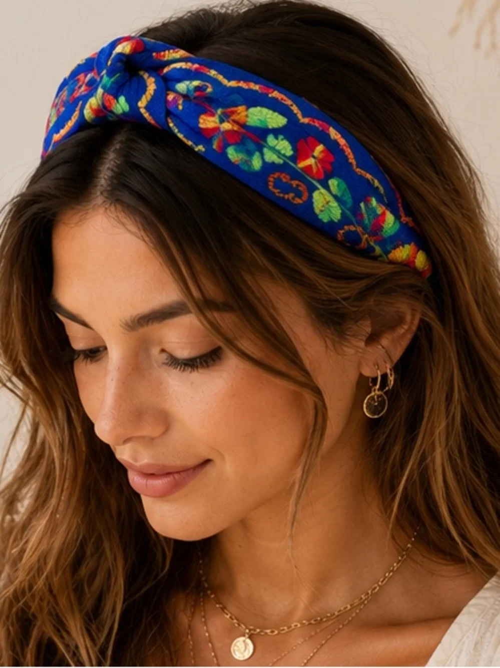 Royal Blue Embroidered Knotted Headband Boho Floral Hair Accessory